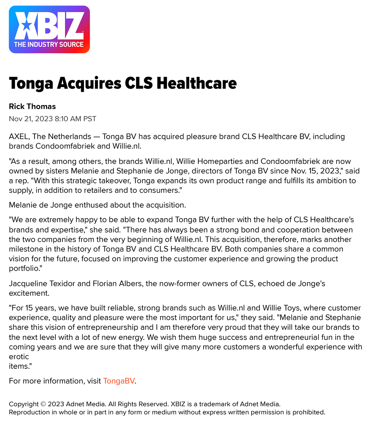 2023-11 XBIZ Online - Tonga Acquires CLS Healthcare